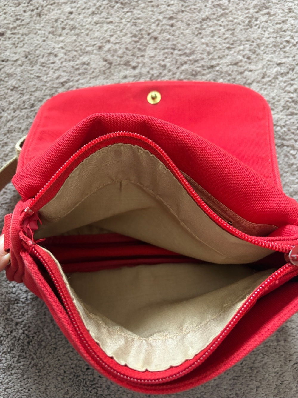Red Canvas Crossbody Bag with Beige Strap - Picture 4 of 11